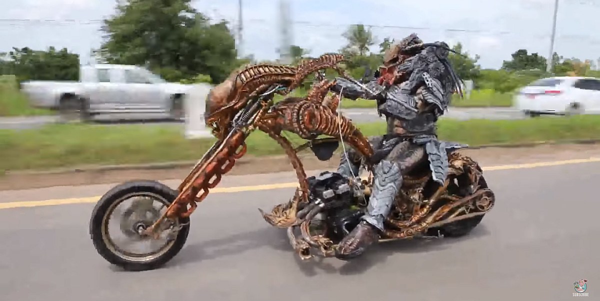 Predator Cosplayer Rides Custom Xenomorph Motorcycle