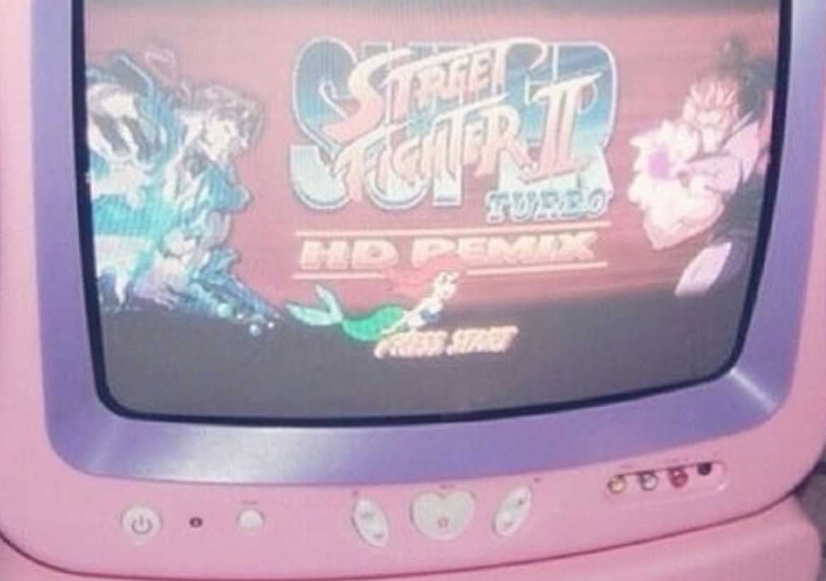 Pink Disney TV displays Street Fighter II