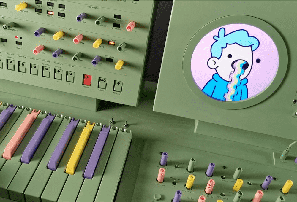 A Pastel Colored Synthesizer with animated Dude who vomits Rainbows