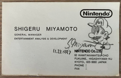Shigeru Miyamoto’s 1997 business card, featuring a sketch of Mario drawn by him