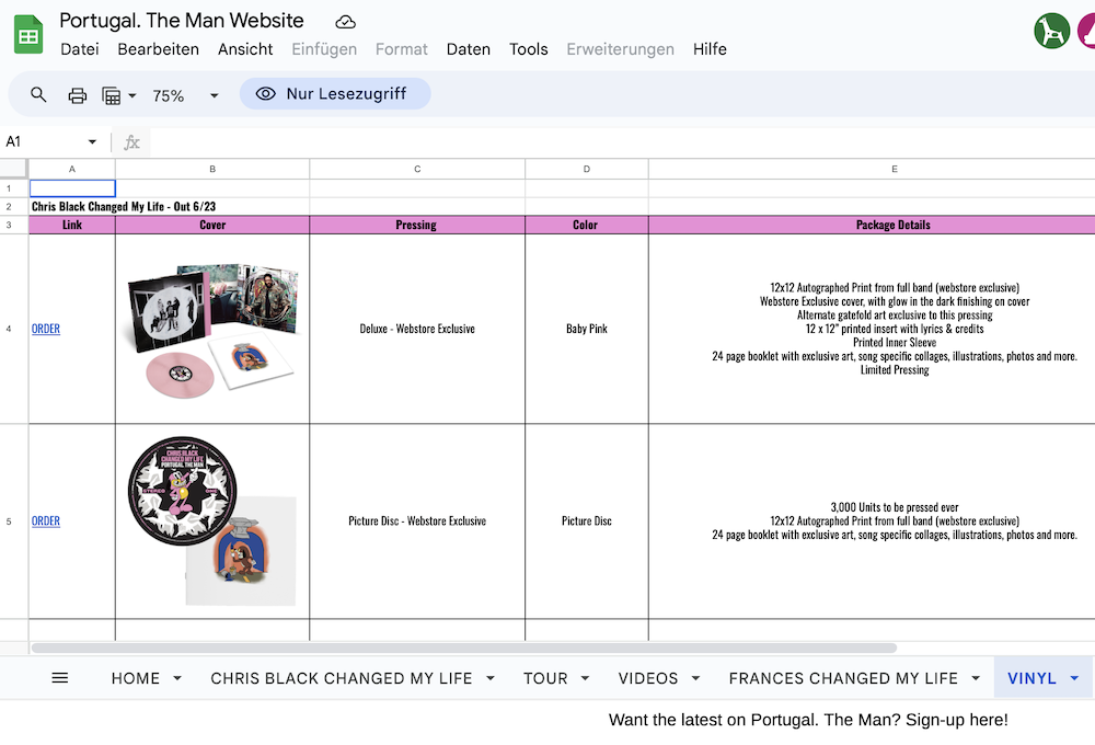 Portugal the Man's Website is a Google spreadsheet