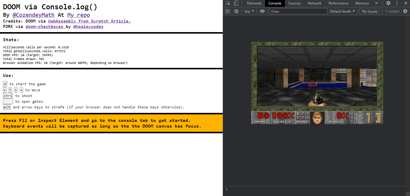Doom running as Console.log() output in the Chrome web browser